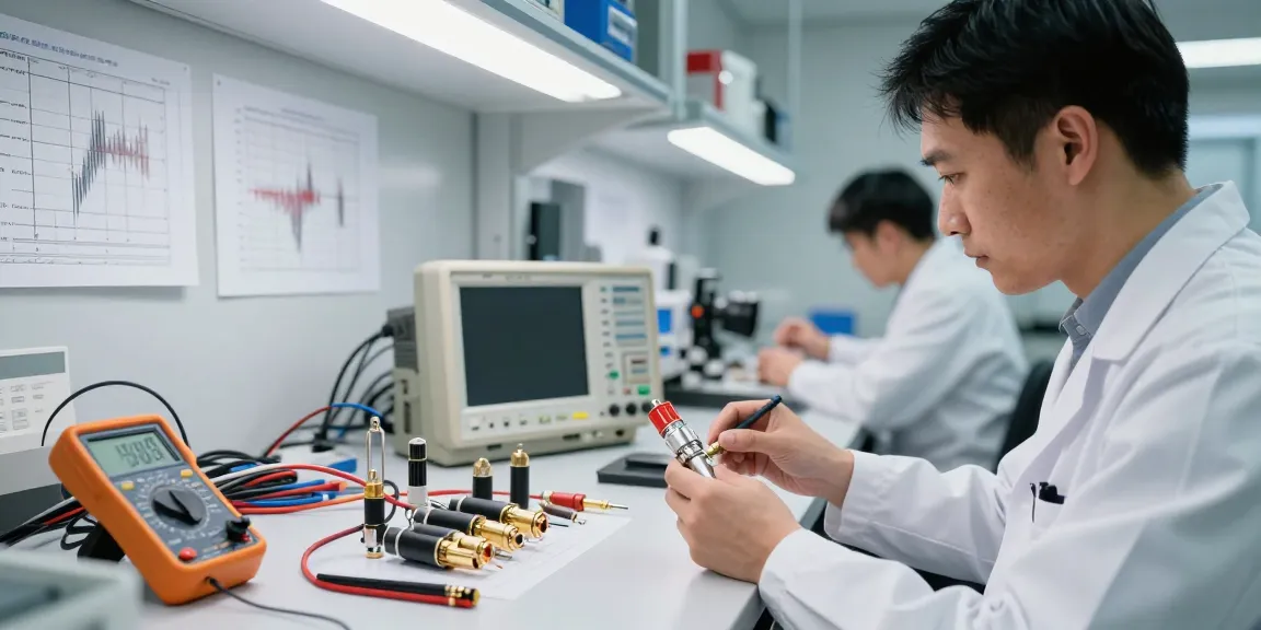 Geophone connector testing in a professional lab setting with engineers and equipment.