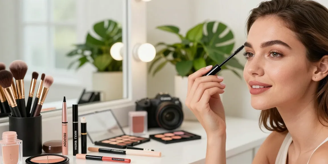 Applying the skone cosmetics brow wand for perfectly defined brows in a chic beauty setting.