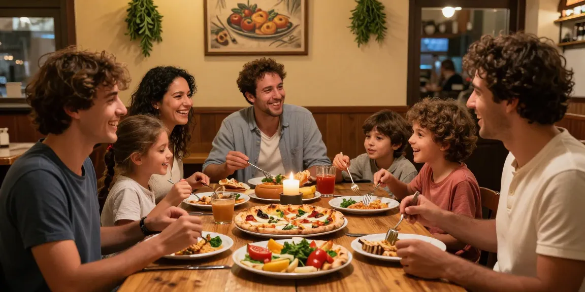 Enjoying pg soft pizza and pasta at a cozy pizzeria with family.