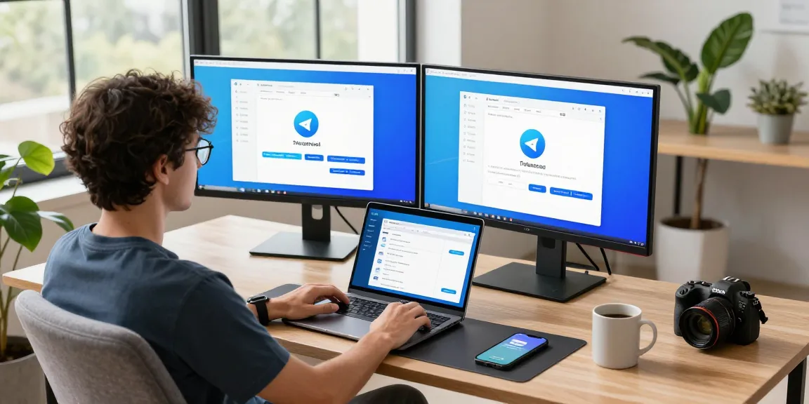 Developer using dual monitors to demonstrate Telegram Download in a modern workspace.