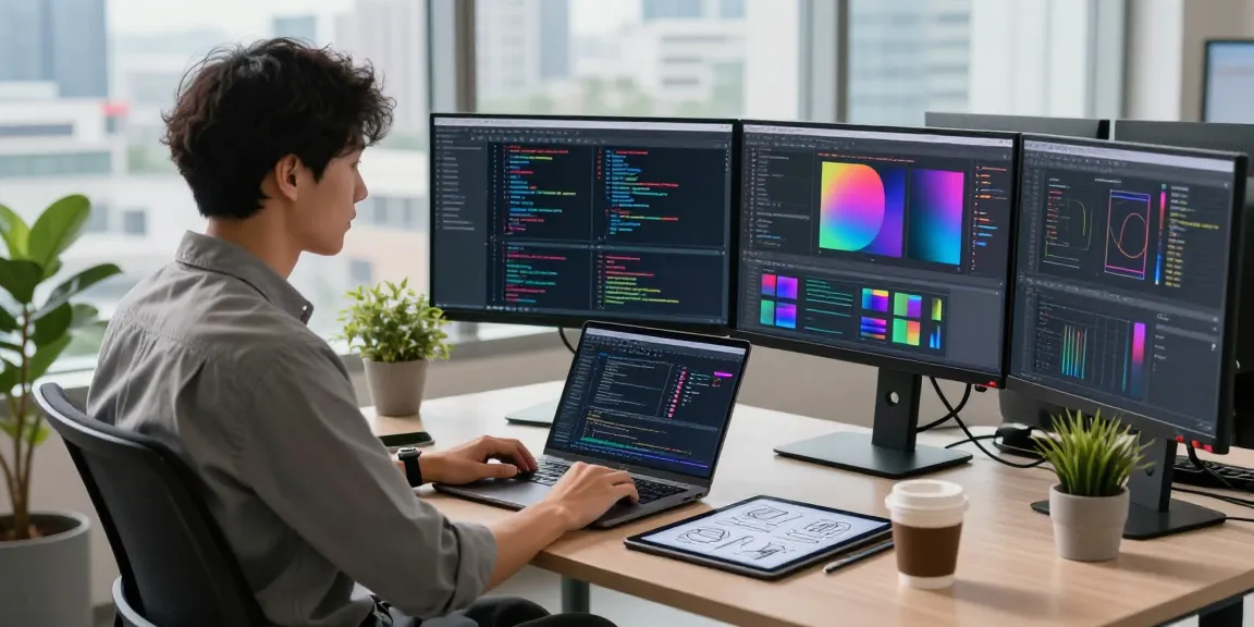 Engaging workspace for software development showcasing 截图软件下载 tools with dual monitors, laptop, and design sketches, fostering creativity.