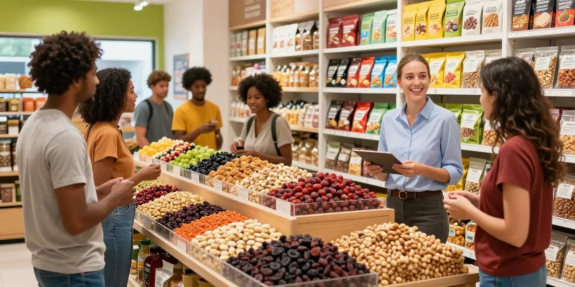 Shoppers enjoying a vibrant retail experience with high-quality mixed nuts and dried fruits featuring M98 สล็อตเว็บตรงไม่ผ่านเอเย่นต์.