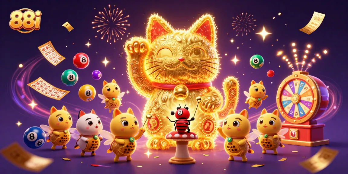 Engage with 88i's vibrant illustration showcasing a lucky cat formed by golden fireflies amid colorful lottery elements.