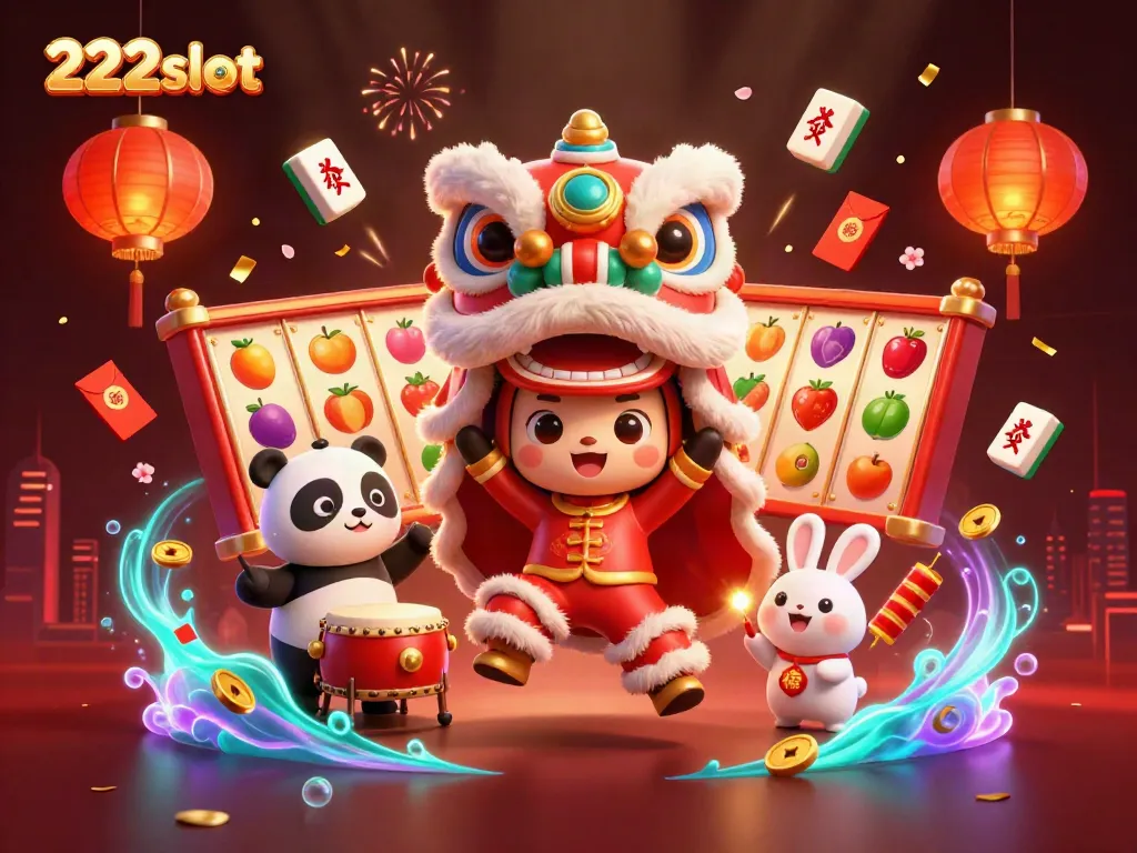 Slot 222slot menghibur pemain dengan tema Tarian Singa dalam suasana merah dan emas.