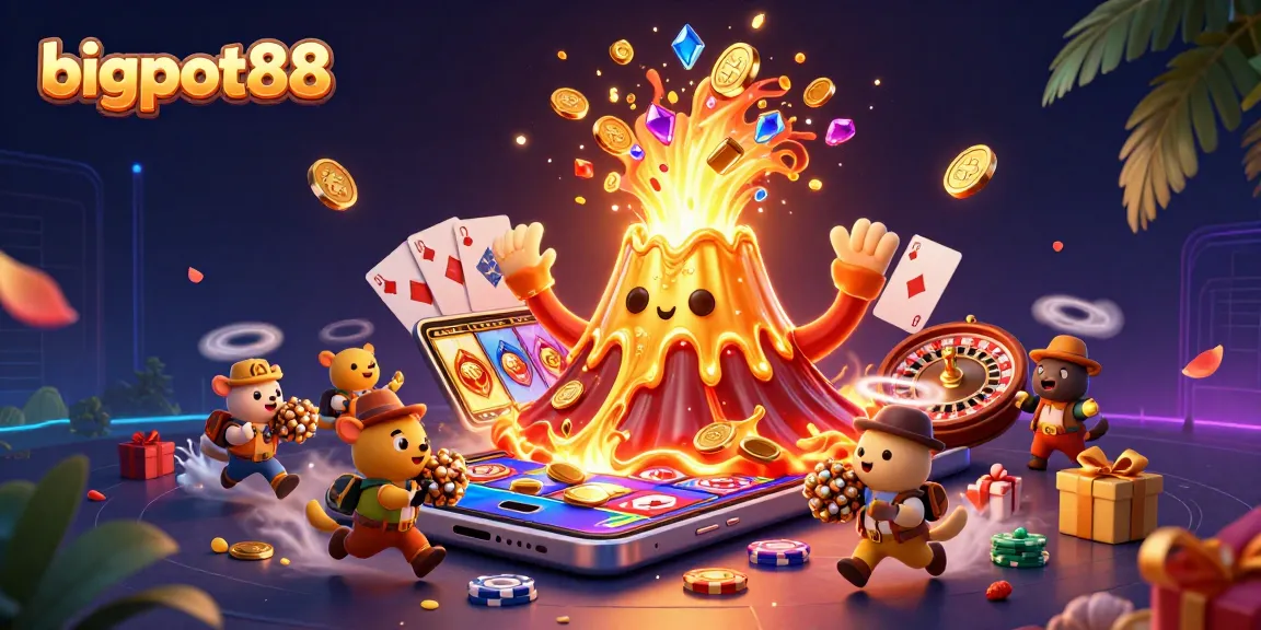 Join the excitement with bigpot88 in this vibrant 3D illustration showcasing gaming strategies and treasures.