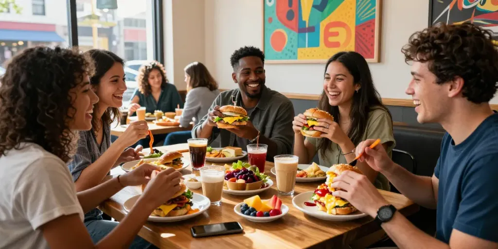 Best brunch Austin scene with friends enjoying NYC-inspired breakfast sandwiches and coffee in a vibrant café.