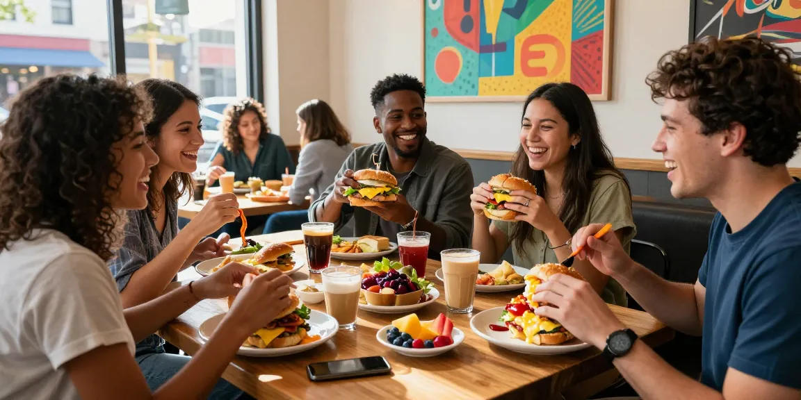 Best brunch Austin scene with friends enjoying NYC-inspired breakfast sandwiches and coffee in a vibrant café.