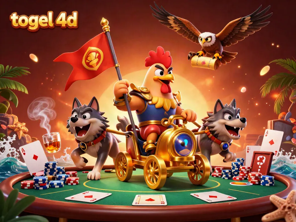 Experience thrilling togel 4d action with a 3D rooster warlord leading a dynamic casino scene.