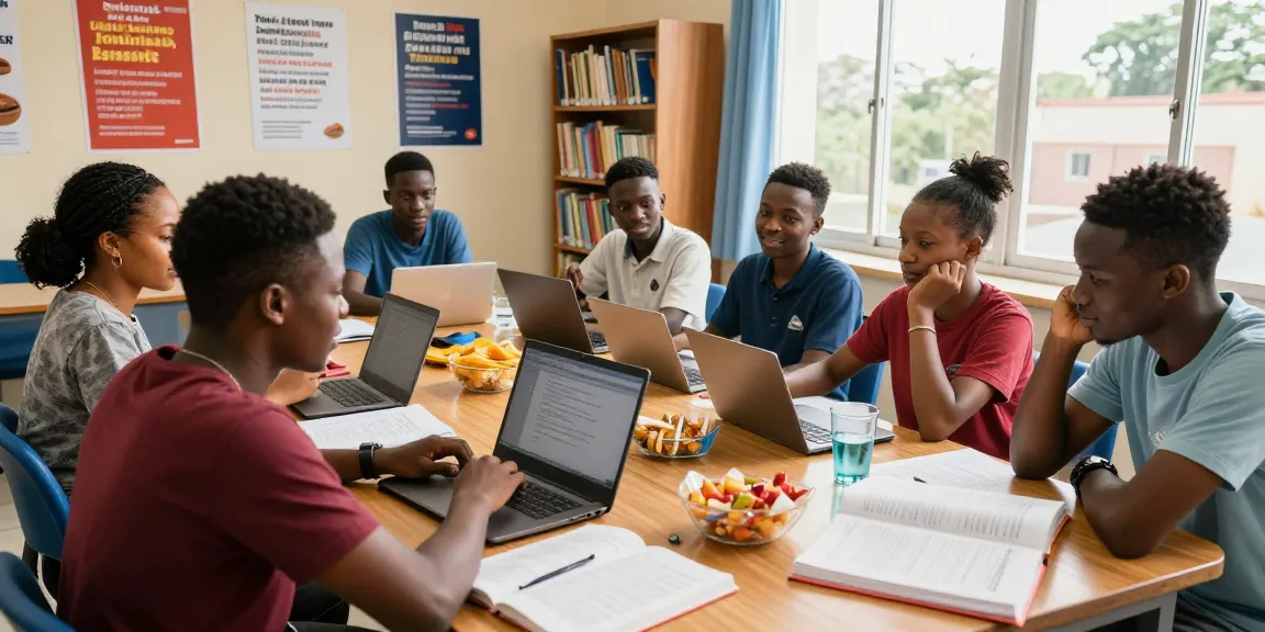 Study group collaborating on strategies for the 2026 ijmb runz exam with textbooks and laptops.