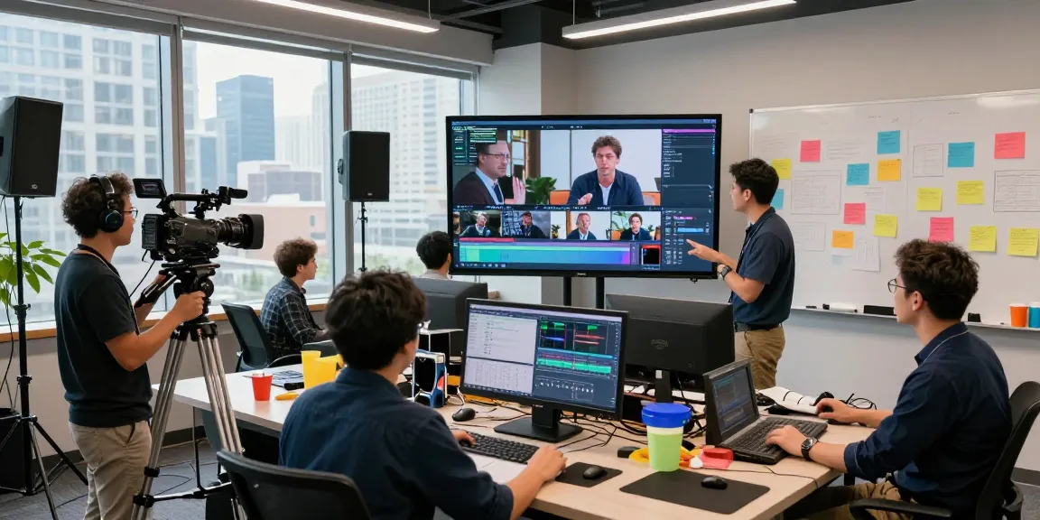 Singapore Corporate Video Production team collaborating in a modern studio environment with high-tech equipment.