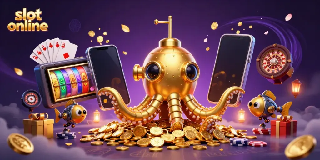 Unleash excitement with slot online in a dynamic illustration of a golden kraken and thrilling casino elements.