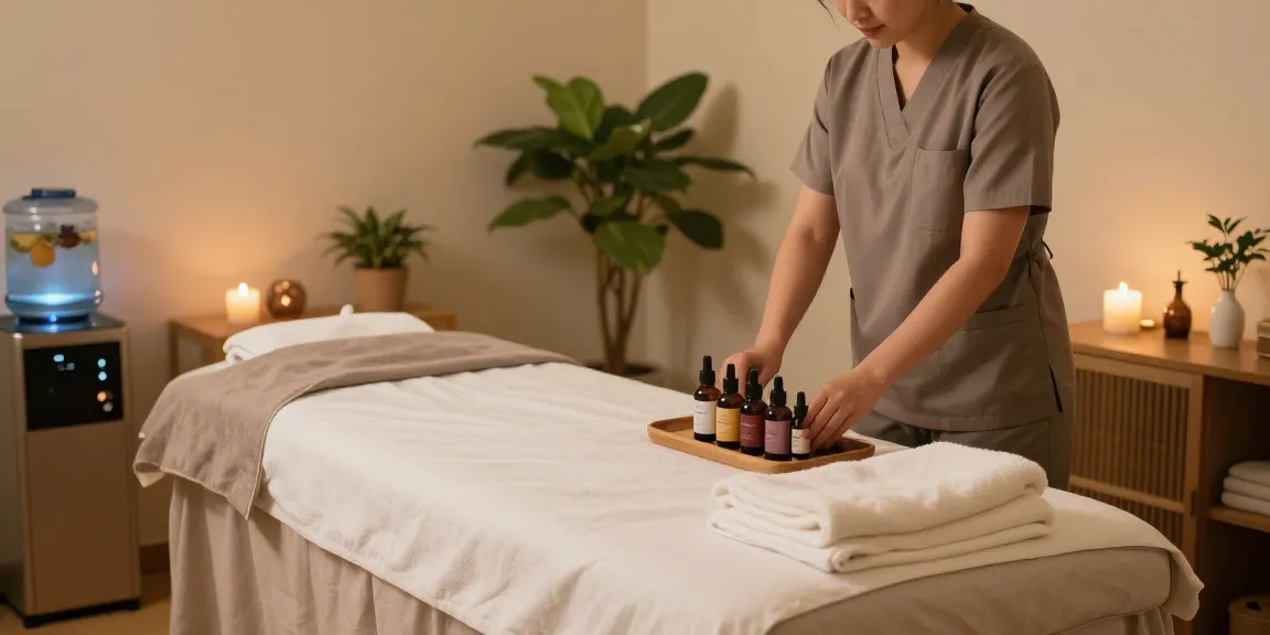 광명출장마사지 세션을 준비하는 전문가의 마사지 룸, 아로마 향초와 자연의 요소가 어우러진 편안한 분위기