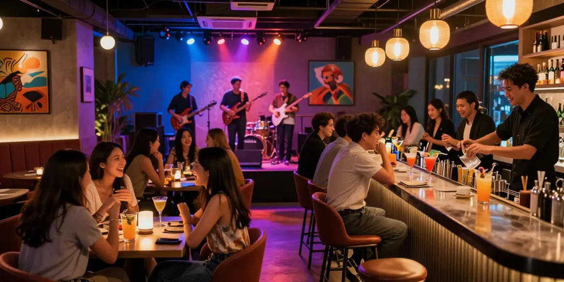 Exciting nightlife at a 유흥사이트 with friends enjoying drinks and live music.