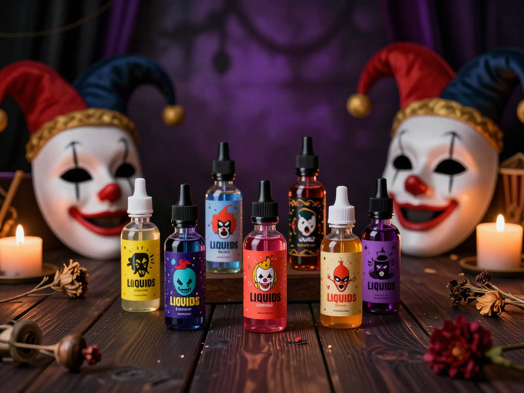 Clown e liquid collection against a mysterious carnival backdrop showcasing vibrant bottles.