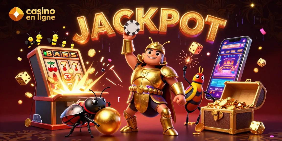 Le casino en ligne offre une expérience palpitante avec un scarabée héros célébrant un jackpot flamboyant.