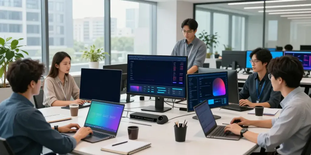 Diverse team collaborating on Azure managed cloud services in a modern office.