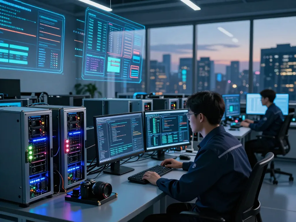 Engineer analyzing smart contract mining data in a high-tech blockchain facility.