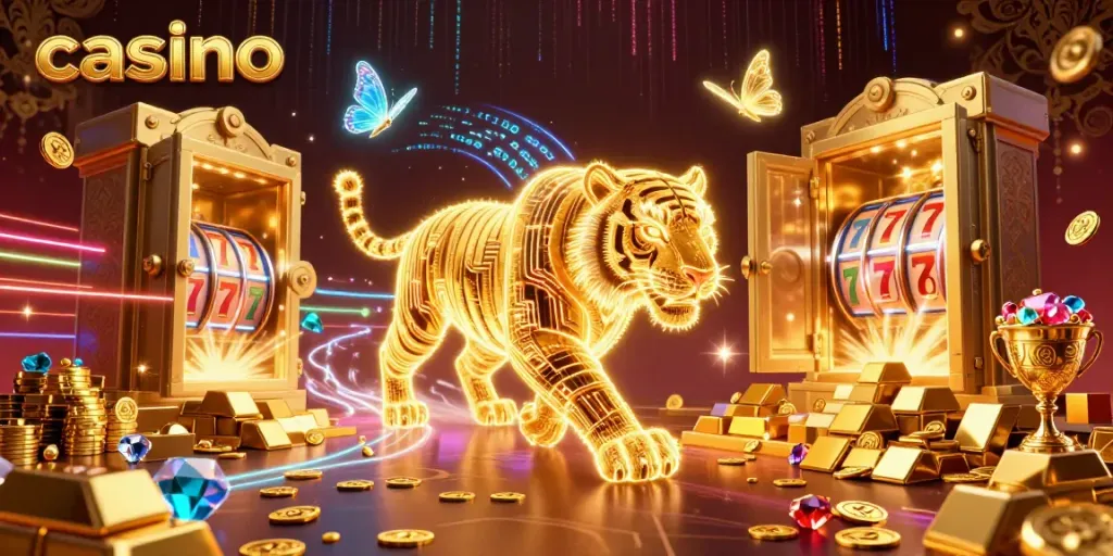 Experience thrilling gameplay in a vibrant casino with dynamic slot reels and neon-wireframe characters.