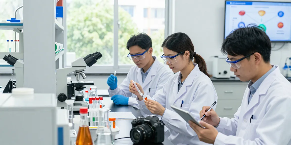 Copper peptide research in a laboratory with scientists analyzing compounds and data, highlighting scientific advancements.