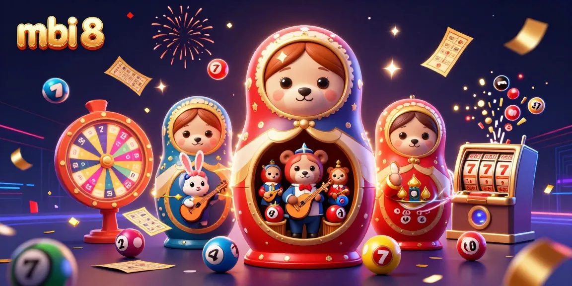 Join the action at mbi 8 and enjoy a vibrant casino scene with lottery balls, slot reels, and festive energy.