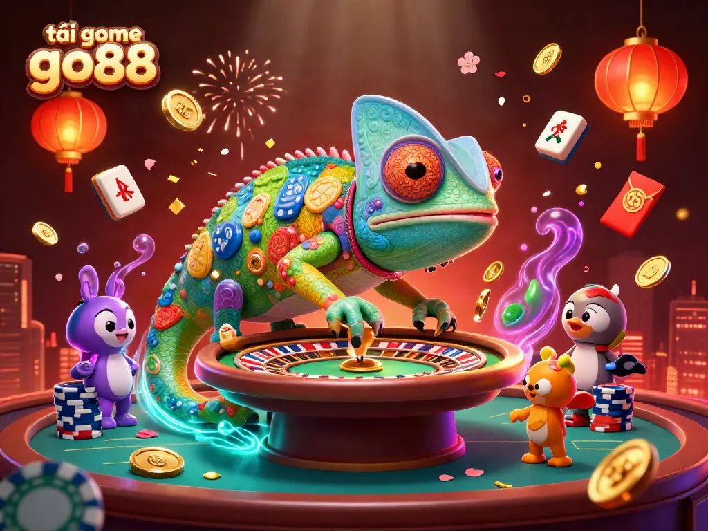 Engage with the vibrant scene where the massive chameleon casino owner attracts players to tải game go88 alongside festive decorations.