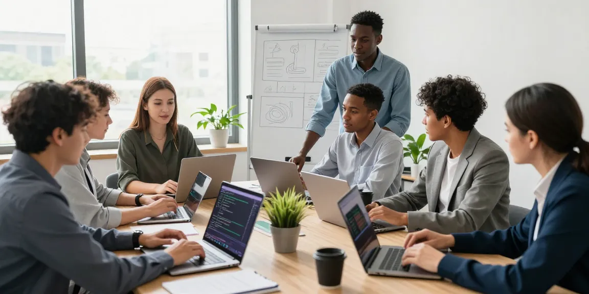 Team collaborating on bdtjl software solutions in a modern office