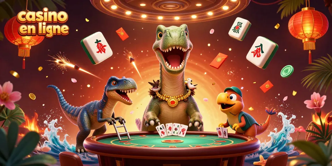 Une scène de casino en ligne avec un brontosaurus et un raptor distribuant des cartes.