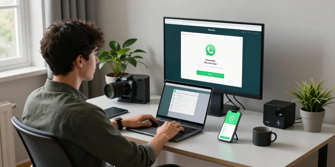 WhatsApp下載 on a laptop in a modern home office setup.