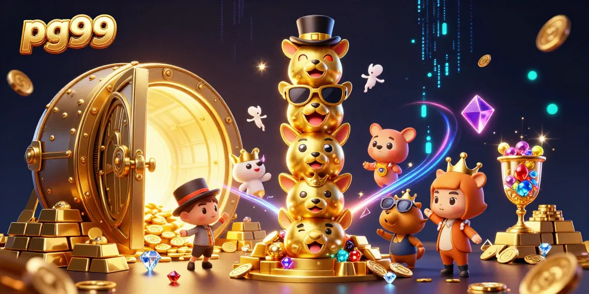 Experience thrilling gameplay at pg99 with a vibrant 3D illustration showcasing a magical casino atmosphere filled with treasures.