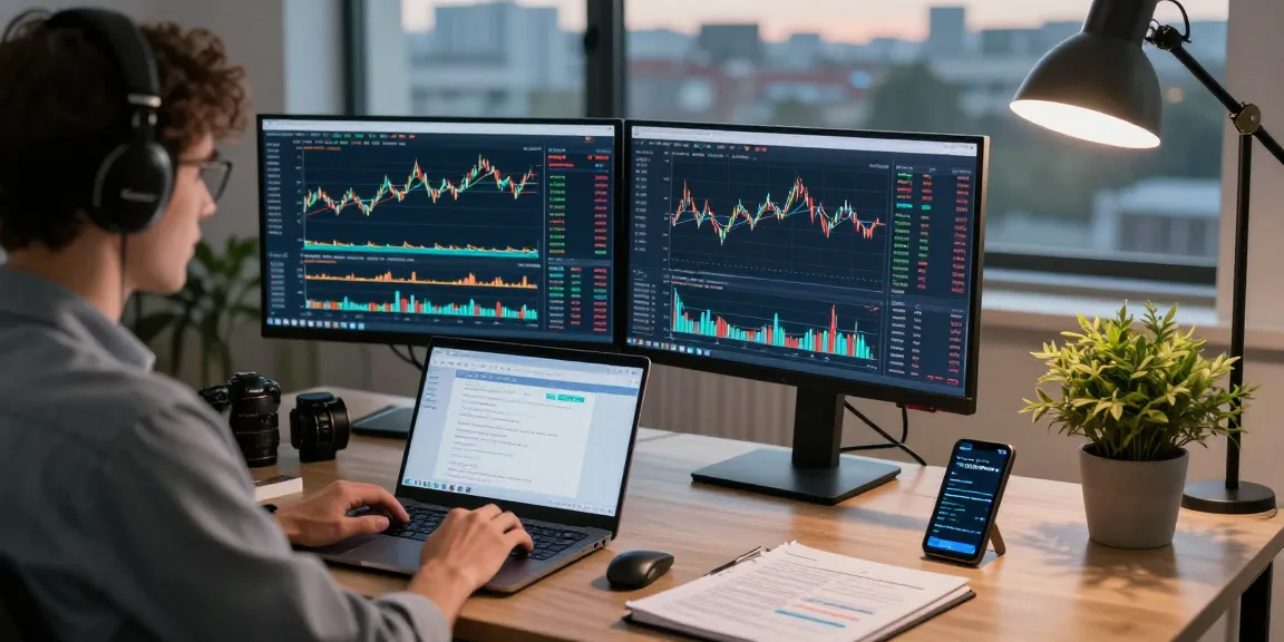 Trader analyzing MT5 trading data on dual monitors in a modern office setting.