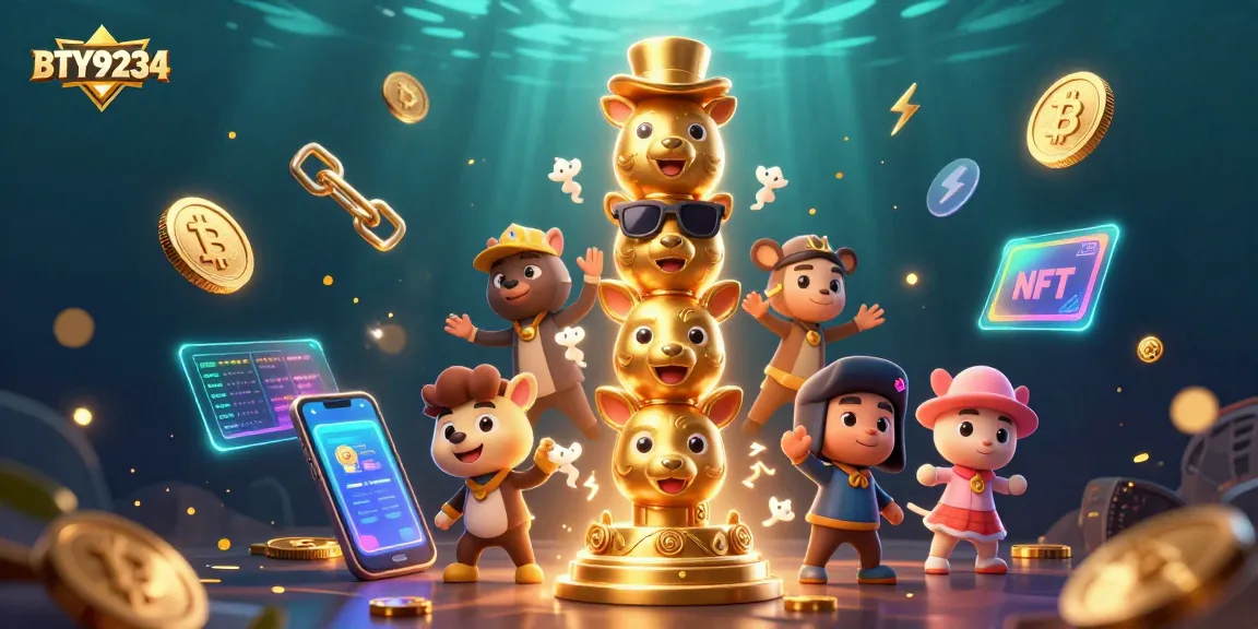 Engage with vibrant BTY9234 casino illustration featuring cryptocurrencies and spirited dynamic characters.