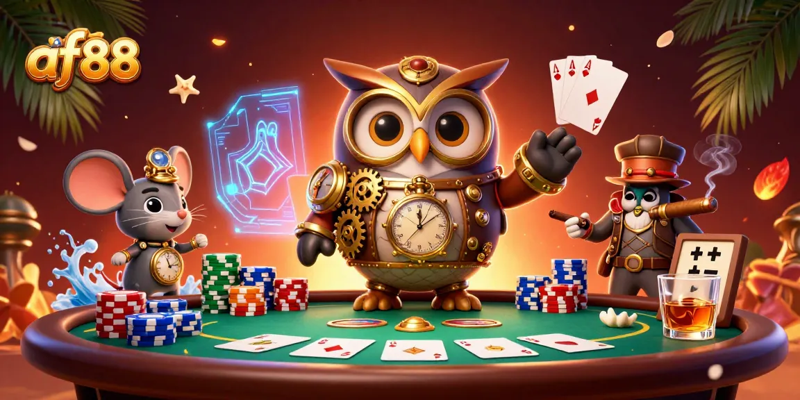 Experience the excitement of af88 with this vibrant and detailed casino scene featuring playful characters and poker elements.