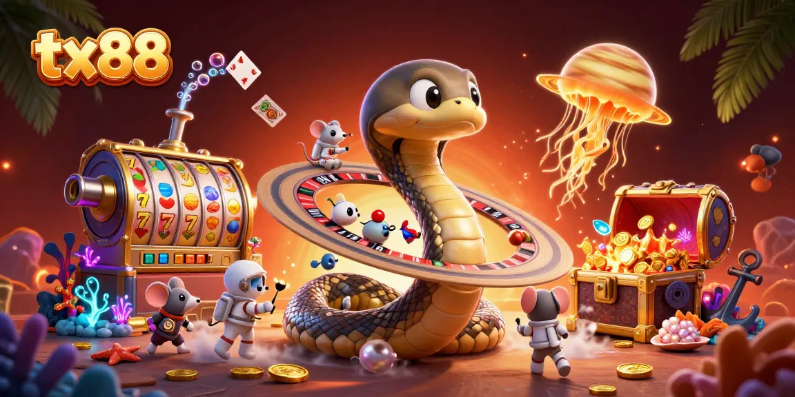 Play with tx88 in a stunning 3D casino scene featuring vibrant slot elements and animated characters.