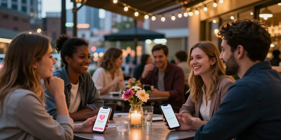 HundRoses dating event in a cozy café, singles engaging warmly, vibrant city backdrop.