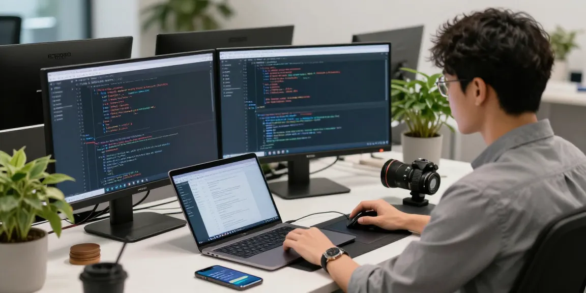 Engaged professional exploring 纸飞机官网 features at a modern office desk with multiple screens and digital devices.