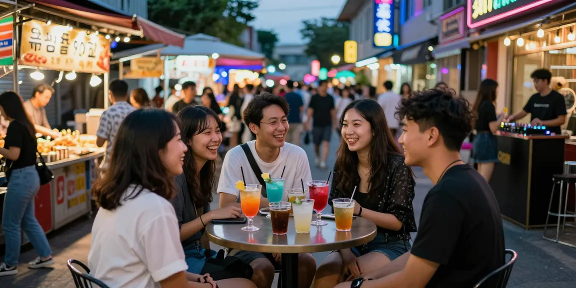 Friends socializing at a vibrant 유흥사이트 scene with neon lights, lively atmosphere, and cocktails.