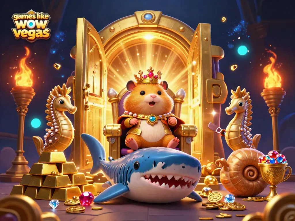 Play exciting games like wow vegas with a golden hamster king in a treasure-filled casino scene.
