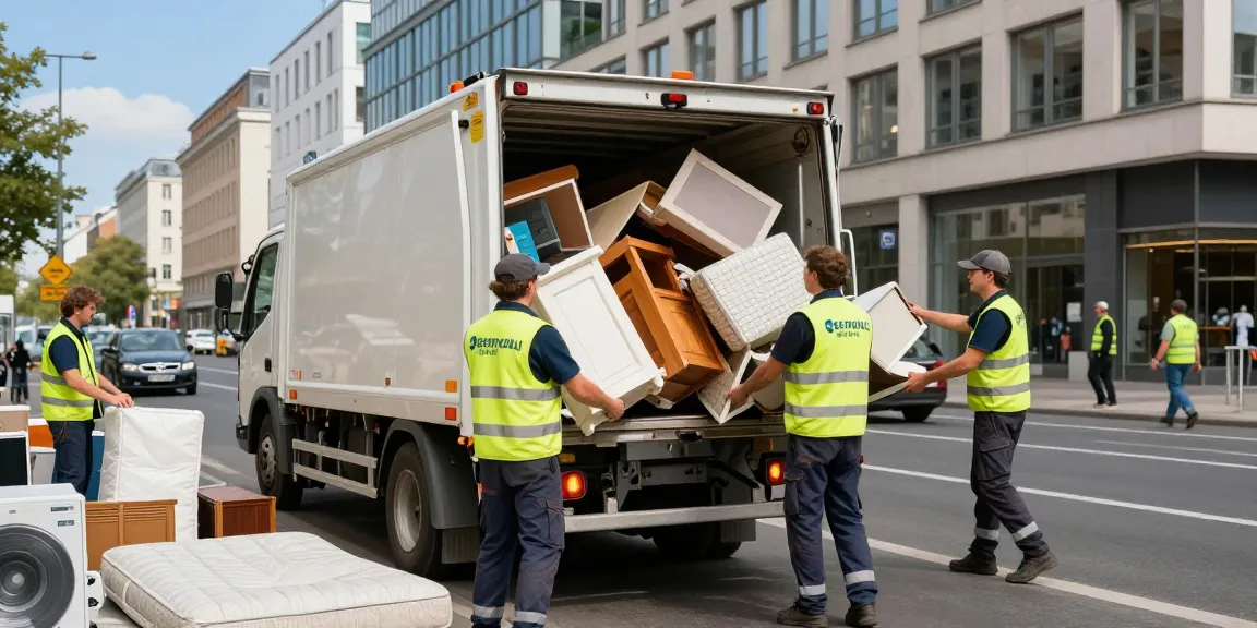 Sperrmüllabholung 80 Euro Berlin team efficiently collecting discarded furniture and waste, showcasing urban waste management in action.