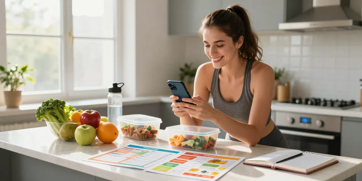 Discover the best macro tracker as a woman logs her meals in a bright kitchen.