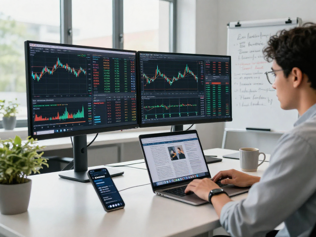 使用TradingView工具的交易员在分析实时市场数据和图表,强调多资产行情分析。