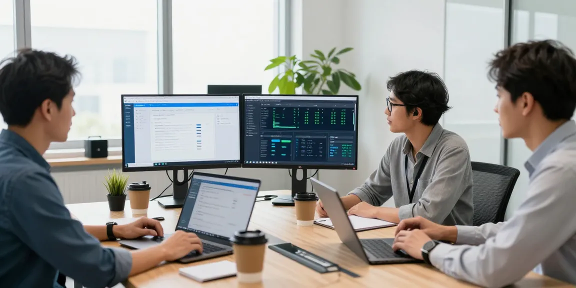 Remote IT support for small business team discussing technology solutions in a modern office.