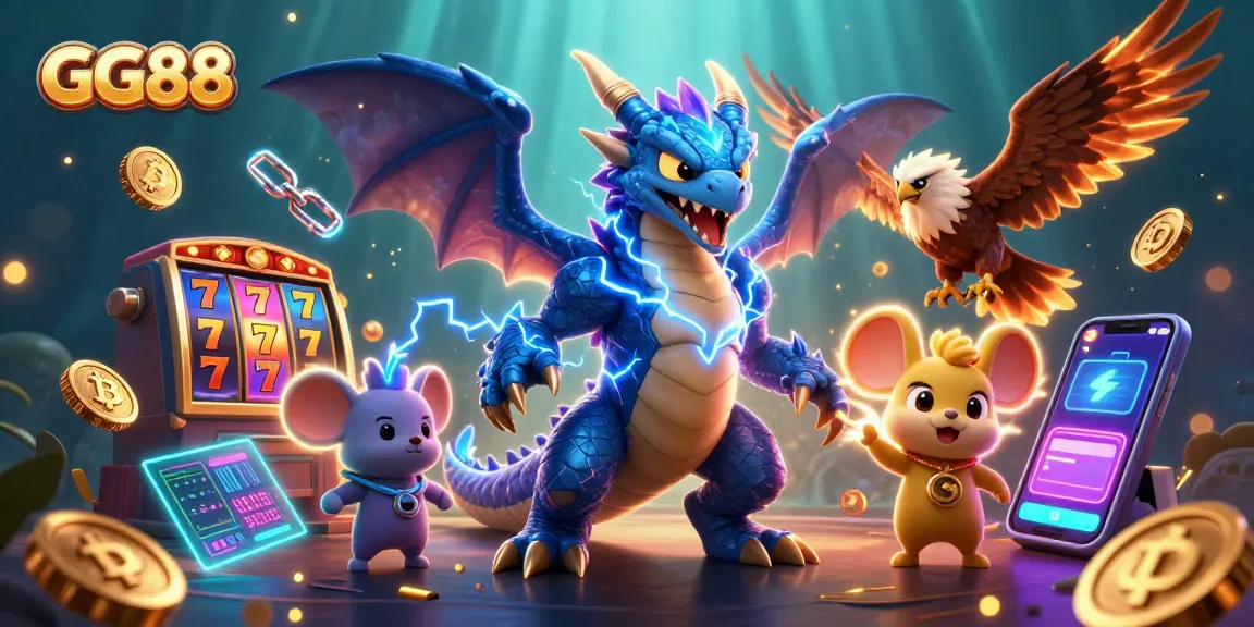 Win big at GG88 with a dynamic illustration showcasing a thunder dragon and glowing game elements.