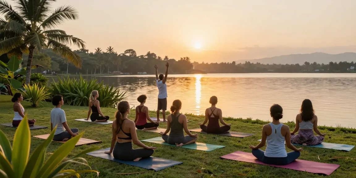 yoga teacher training sri lanka students practicing at dawn by the lake