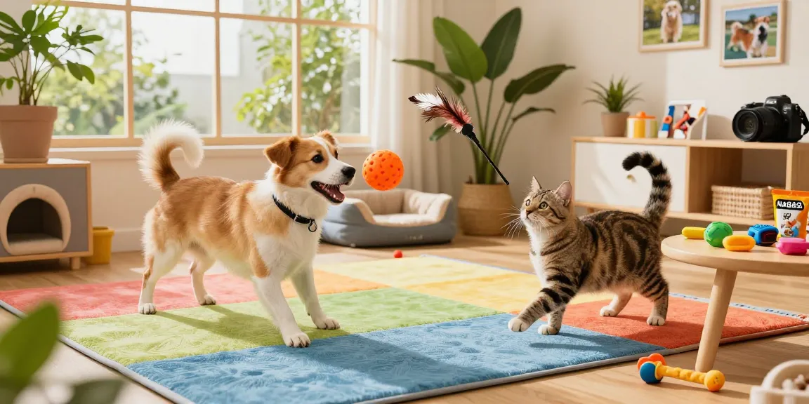 Dog and cat playing with NAGA2000 interactive toys in a vibrant pet play area.
