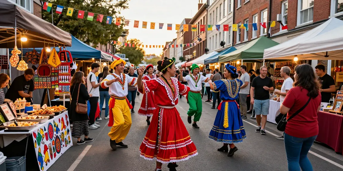 Engaging street festival scene showcasing 456bd cultural diversity with performers, art stalls, and vibrant food.