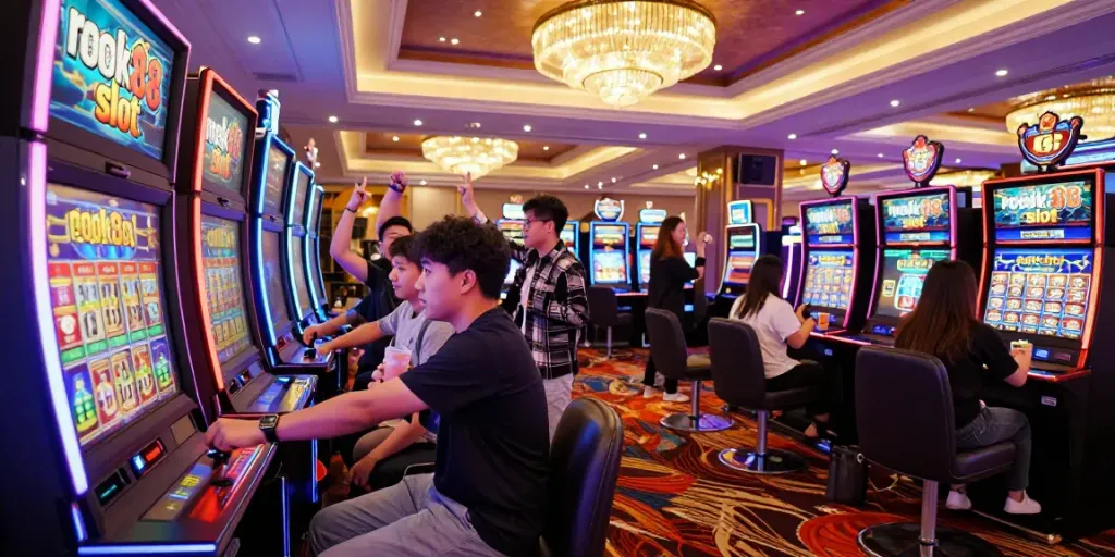 Exciting gaming floor with players enjoying the rokok88 slot machine, capturing vibrant casino atmosphere.
