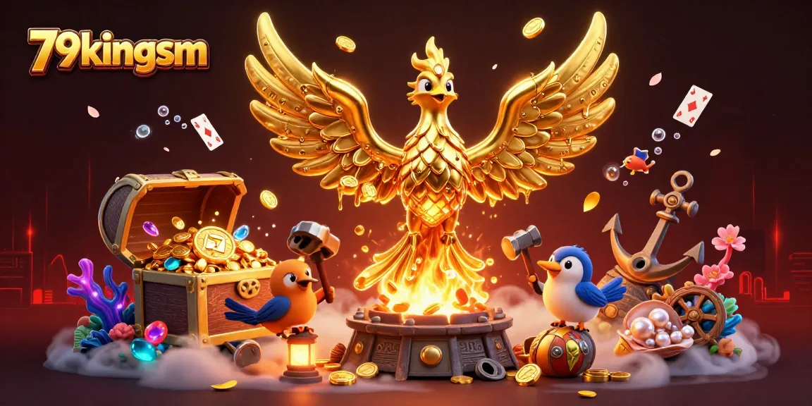 Join the excitement at 79kingsm with a golden phoenix and treasure in a dynamic casino scene.