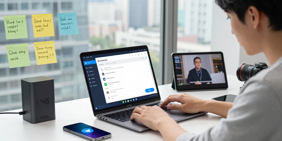 Setting up Telegram in China on a laptop with Chinese language interface and tech gadgets.