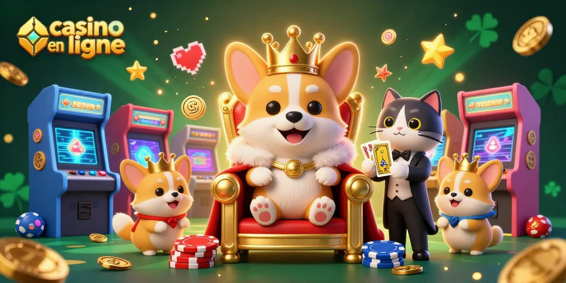 Venez jouer au casino en ligne avec ce corgi royal entouré de machines à sous et d'effets lumineux.