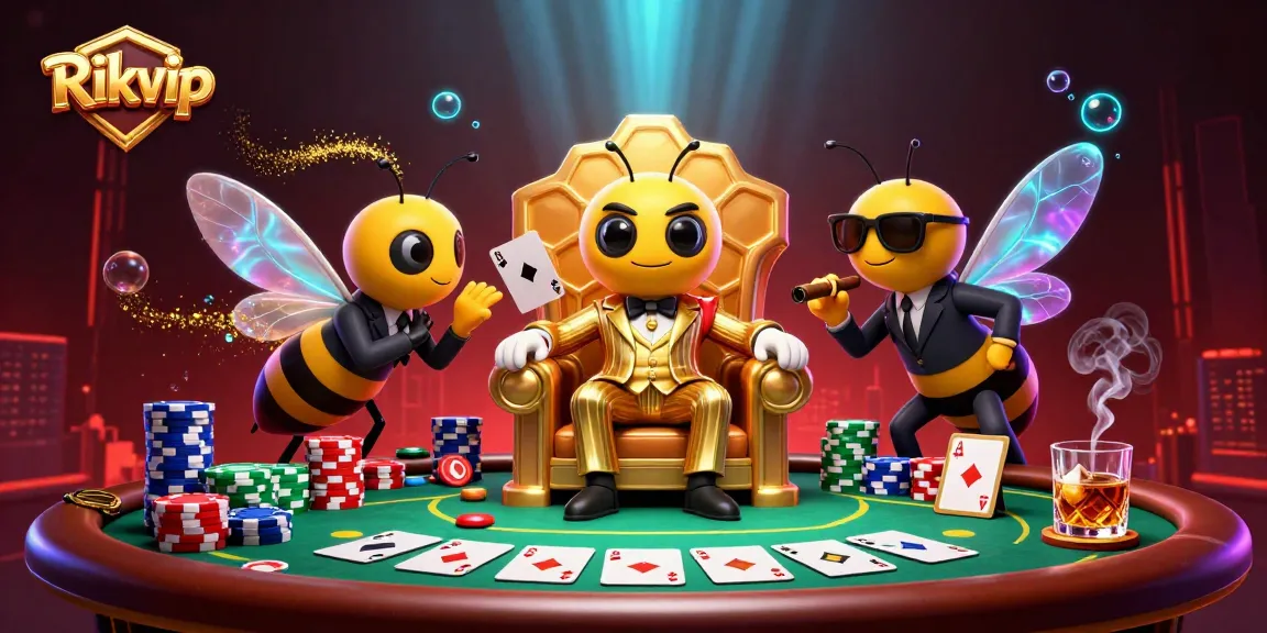 Join the thrilling world of Rikvip as players engage with colorful poker elements in a dynamic casino scene.
